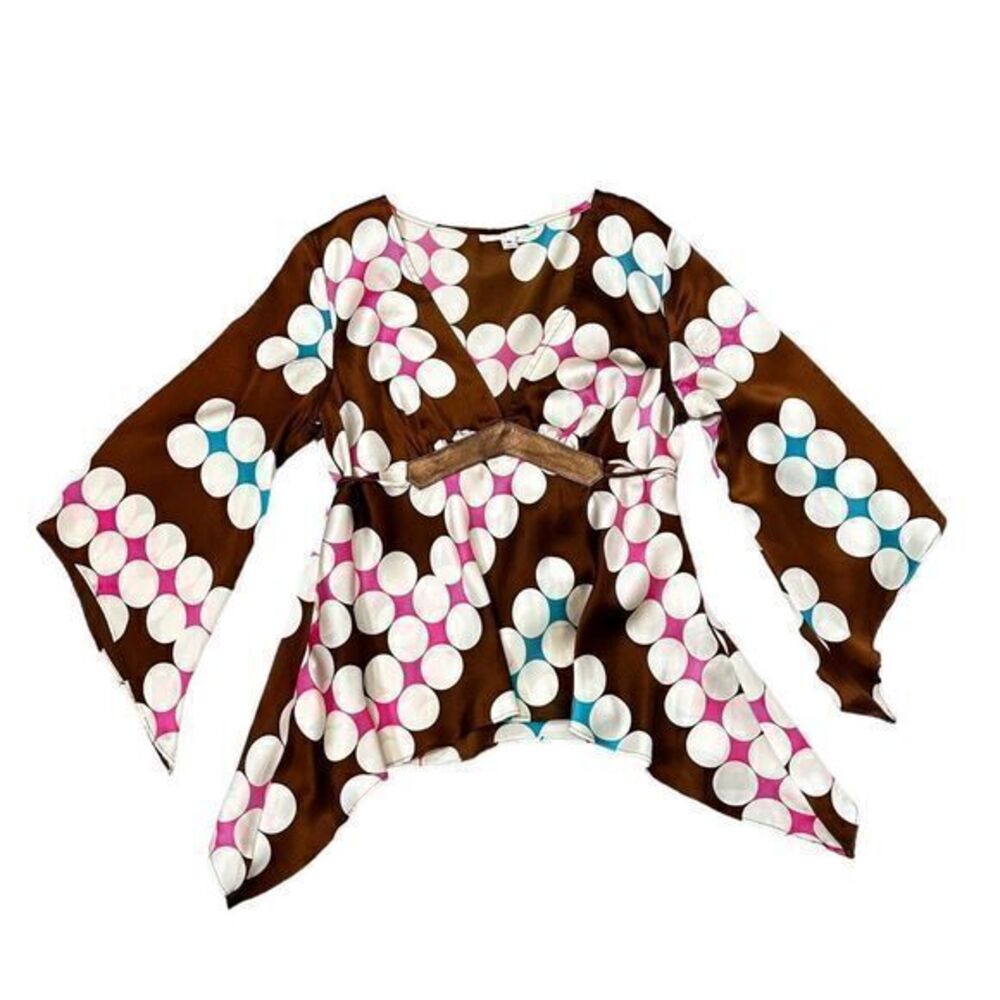 Alice & Trixie Womens Brown Polka Dots Silk Print Bell Sleeve Blouse Small Retro